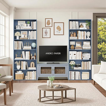 FOTOSOK 70.8" Tall Bookcase Shelf, 6 Tier Wide Bookshelf with Storage, Billy Bookcase Set of 2, Large Bookshelf for Living Room, Home Office,Blue