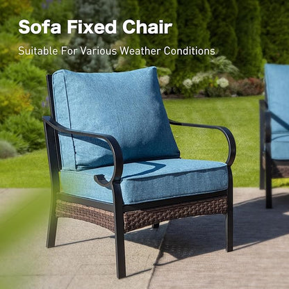 6 Piece Metal Outdoor Patio Furniture Sets, Patio Conversation Sets with 3-Seater Sofa, 4 Single Sofa (5.75" Thick Cushion) & Coffee Table, Black Frame Backyard Furniture, Denim Blue