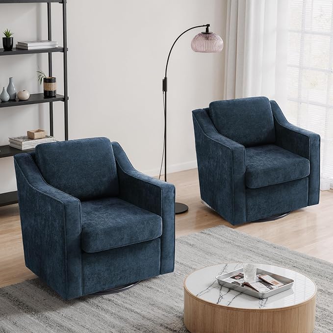 UIXE Swivel Accent Chair Set of 2, Chenille Upholstered Arm Chair for Living Room, Modern Club Armchair Comfy Single Sofa Bedroom Reading Seat with Lumbar Pillow - Navy Blue