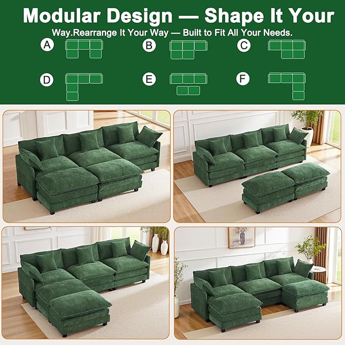 Expandable Modular Sectional Sofa with Ottoman, 111.4" Cloud Chenille U-Shape Couch, Reversible Chaise & 2nd Ottoman for Large Spaces, Deep Seat, Solid Wood Frame