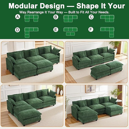 Expandable Modular Sectional Sofa with Ottoman, 111.4" Cloud Chenille U-Shape Couch, Reversible Chaise & 2nd Ottoman for Large Spaces, Deep Seat, Solid Wood Frame