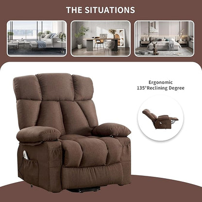 Oversized Power Lift Recliner Chair for Elderly, Big and Tall Lift Chair with Massage and Heat for Living Room, Fabric Electric Recliner Chairs with 4 Side Pockets, USB Charge Port,Brown