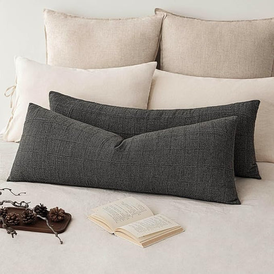 Foindtower Set of 2 Decorative Linen Check Throw Pillow Covers Neutral Long Body Lumbar Cushion Covers Farmhouse Vintage Home Decor for Sofa Chair Couch Bedroom Living Room,14×36 Inch,Charcoal
