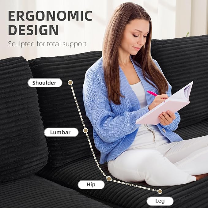 107" Boneless Couch, Sectional Couchs for Living Room & Bedroom, Cloud Couch with L-Shape Chaise Modern Modular Sofa with Deep Seat, No Assembly Required (Jet Black)