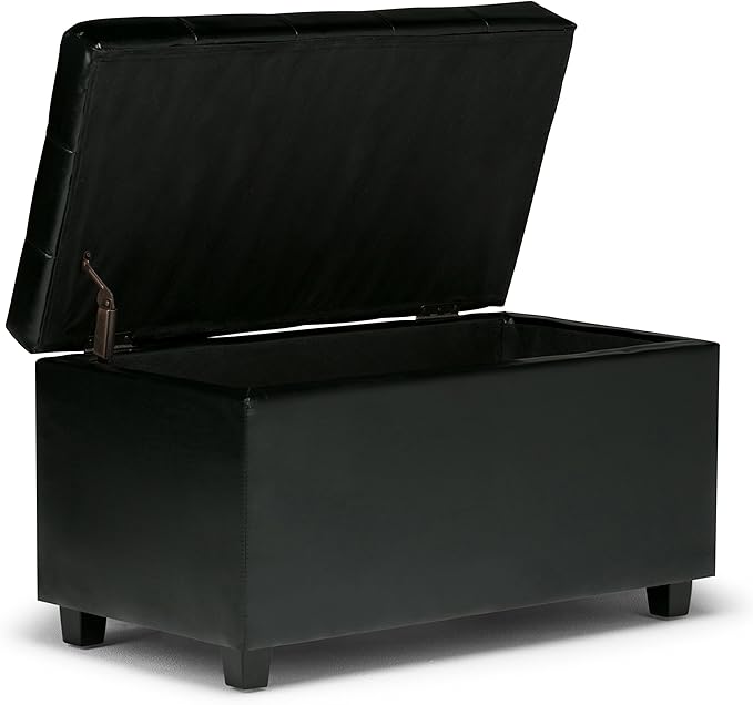 SIMPLIHOME Cosmopolitan 34 inch Wide Transitional Rectangle Storage Ottoman in Midnight Black Vegan Faux Leather, Assembled, For the Living Room, Entryway and Family Room
