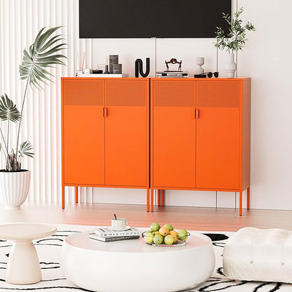 2 Mesh Door Metal Cabinet with Adjustable Shelves, Multipurpose Orange Storage Cabinet, 3-Tier,Metal Storage Cabinet for Office Home,Hallway(Orange, 47''H)