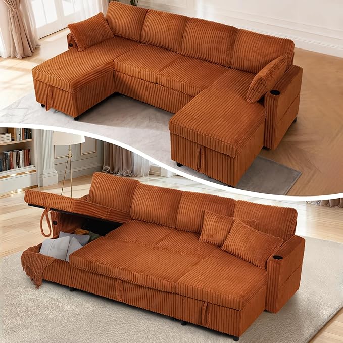 110" Corduroy Pull Out Sofa Bed w/Adjustable Backrests, Sectional U-Shape Sleeper Sofa w/Storage Chaise, Convertible Couch Bed w/USB Charging Port & Cup Holders for Living Room, House, Orange