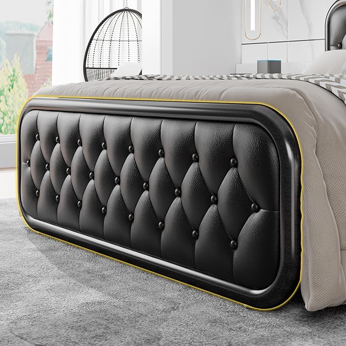 Full Size Metal Bed Frame with Button Tufted Leather Upholstered Headboard and Footboard, U-Shape Support Foundation, No Box Spring Required, Black