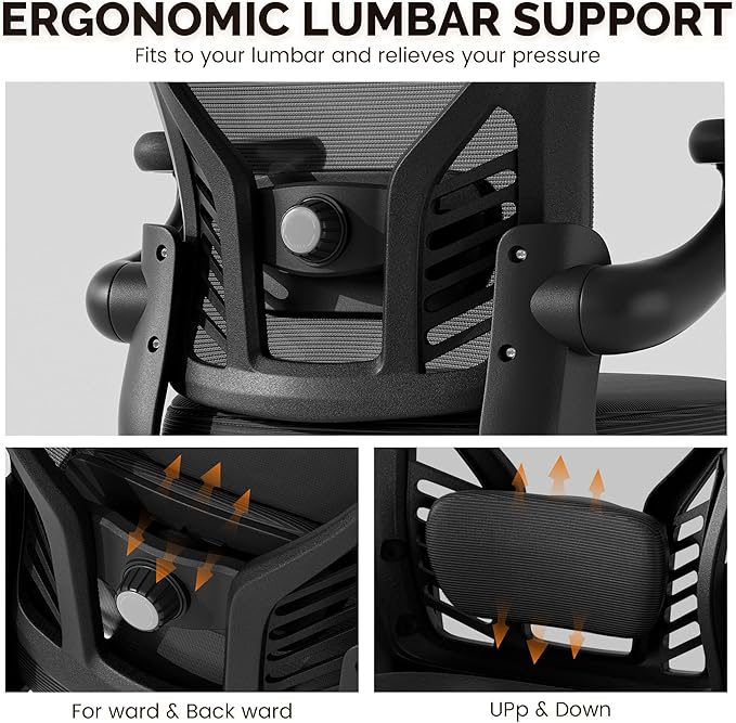 Computer Desk Chair with Wheels, Mesh Office Chair with Flip Up Arms, Adjustable Lumbar Support, Swivel Desk Chair Comfy, Black