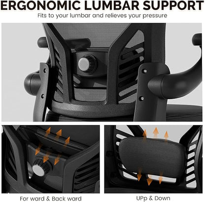 Computer Desk Chair with Wheels, Mesh Office Chair with Flip Up Arms, Adjustable Lumbar Support, Swivel Desk Chair Comfy, Black