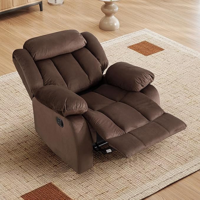 INZOY Manual Recliner Chair with Padded Armrest, Wall-Hugger Single Sofa Recliners with Overstuffed Back, Classical Fabric Reclining Chairs for Living Room Theater Seating, Brown