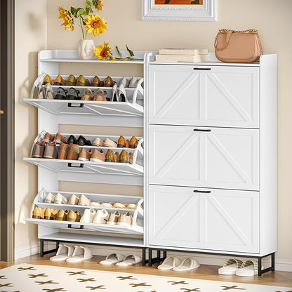 Shoe Cabinet Storage for Entryway, Shoe Storage Cabinet with 3 Flip Drawers, Freestanding Narrow Shoe Rack Organizer with Metal Legs & Side Hook for Foyer, Hallway, White
