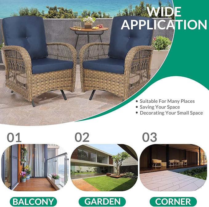 VIVIJASON 2-Piece Outdoor Wicker Glider Rocking Chair, Patio Rattan Swing Glider Chairs with Cushions & Steel Frame, All-Weather Gliding Lawn Wicker Furniture for Garden Backyard Porch, Navy Blue