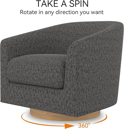 Swivel Accent Chair, Upholstered Modern Barrel-Curved Arm Chair, Velvet Fabric Comfty Sofa Reading Chair with Solid Wood Base for Living Room, Bedroom, Club, Pebble Grey