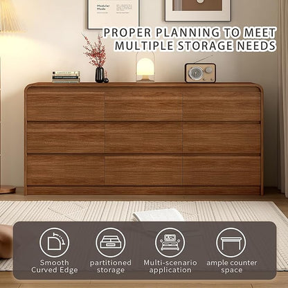 9 Drawer Dresser For Bedroom 63 Inch Wooded Chest of Drawers - Curved Anti Collision, Mid Century Dresser For Closet with Natural Texture & Pre-Embedded Slots for TV Stand, Living Room, Hallway