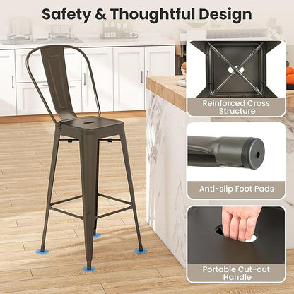 COSTWAY Metal Bar stools Set of 4, with Removable Back, 30'' Bar Height Stools with Rubber Feet, Stylish and Modern Chairs, for Kitchen, Dining Rooms, and Side Bar (Gun-Update, 30'')