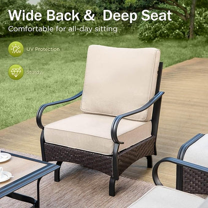Patio Furniture Set with 56" Fire Pit Table, Premium Outdoor Wicker Metal Frame Furniture with Upgraded Waterproof Thick Cushions for Porch, Poolside, Deck, and Yard （8 Pieces,Beige）