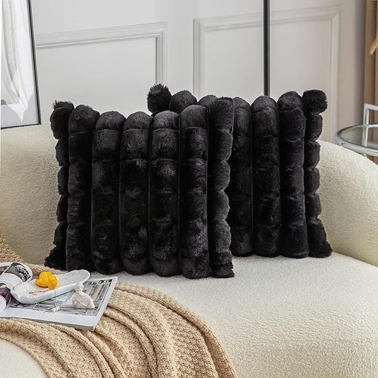 Neelvin Black Faux Fur Cozy Soft Plaid Decorative Throw Pillow Covers 20x20 inch Set of 2,Velvet Pillowcase Cushion Case for Sofa Couch