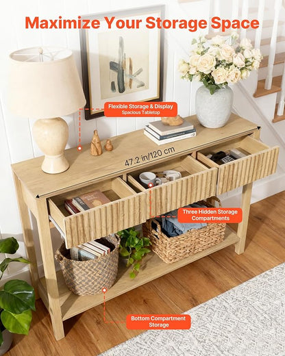VEVOR 47 in Console Table, Farmhouse Desk Behind The Couch with Drawers and Bottom Storage Shelf, Wooden Rectangle Entrance Narrow Sofa Table for Hallway, Bedroom, Living Room, Foyer, Burlywood