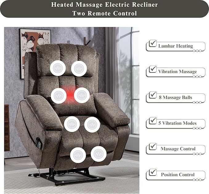 Power Lift Recliner Chairs for Elderly, Infinite Position Lay Flat Recliner with Heat & Massage Side Storage Cup Holder - USB Type C Charging - Dual Motor Lift Chair 400 lbs