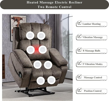 Power Lift Recliner Chairs for Elderly, Infinite Position Lay Flat Recliner with Heat & Massage Side Storage Cup Holder - USB Type C Charging - Dual Motor Lift Chair 400 lbs