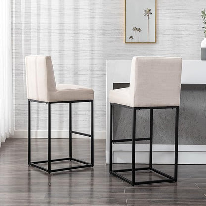 31" Height Cream Fabric Bar Stool, Counter Height Stool with Back and Footrest for Kitchen Modern Metal Barstool, Linen Upholstered Farmhouse Bar Chair Island Stool