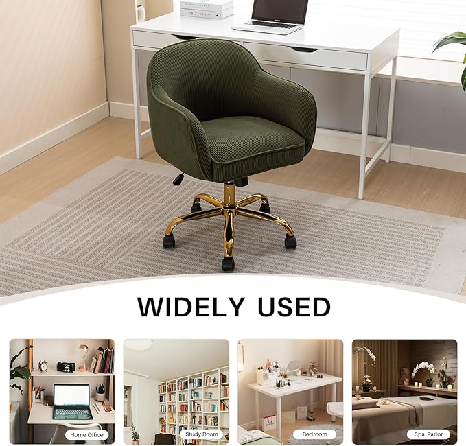 Home Office Desk Chair with Arms Gold Wheels Modern Velvet Upholstered Rolling Computer Chair Mid-Back Ergonomic Adjustable Swivel Vanity Chair for Bedroom Study Office, Green,Corduroy