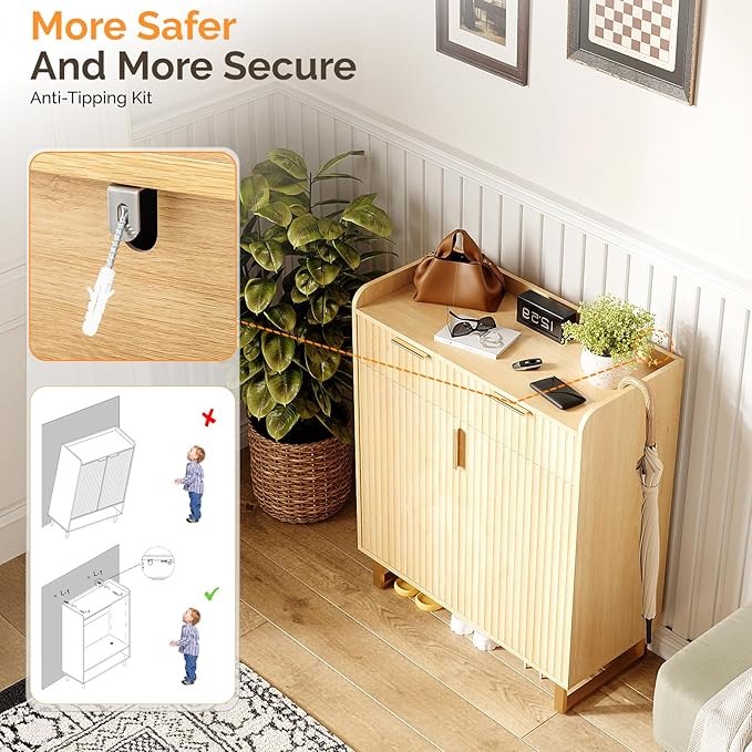 VINGLI Fluted Shoe Cabinet with Drawer and Doors, Wooden Entryway Shoe Storage Cabinet with Adjustable Shelves, Modern Tall Shoe Organizer with Gold Metal Legs for Hallway, Living Room, Bedroom, (Oak)