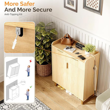 VINGLI Fluted Shoe Cabinet with Drawer and Doors, Wooden Entryway Shoe Storage Cabinet with Adjustable Shelves, Modern Tall Shoe Organizer with Gold Metal Legs for Hallway, Living Room, Bedroom, (Oak)