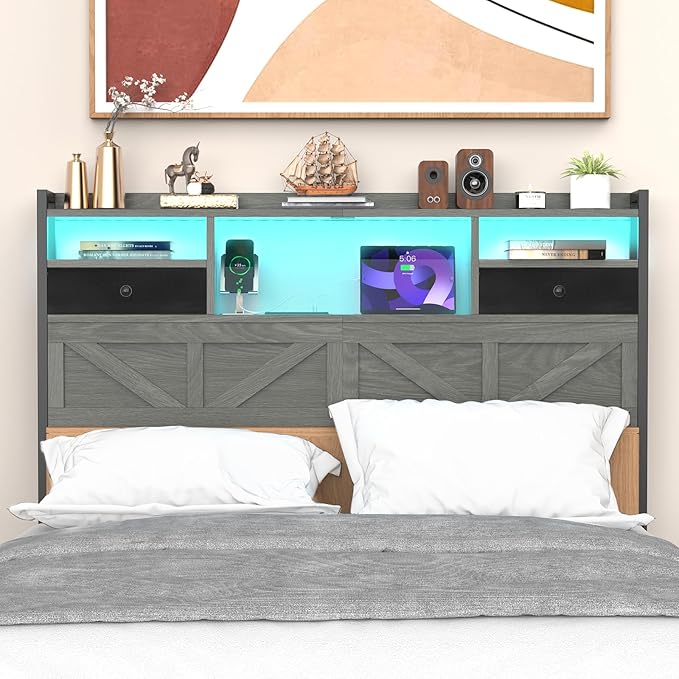 Queen Size Headboard with Drawers, Outlets & USB Ports,Sturdy Wood Bed Frame with Adjustable Height, Built-in LED Lighting (Grey, Queen 59 * 7.08 * 45.7)