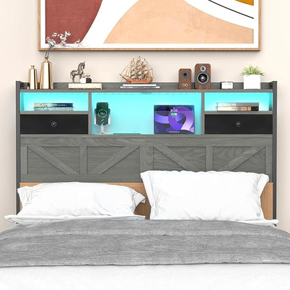 Queen Size Headboard with Drawers, Outlets & USB Ports,Sturdy Wood Bed Frame with Adjustable Height, Built-in LED Lighting (Grey, Queen 59 * 7.08 * 45.7)