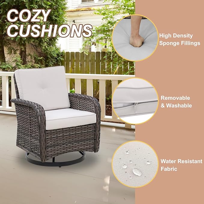 COOS BAY Vintage Courtyard Patio Furniture Set, Wicker Outdoor Furniture, Patio Conversation Sets, 2 Swivel Rockers, Loveseat, Coffee Table and Side Table, 5 Pieces, Gray/Beige