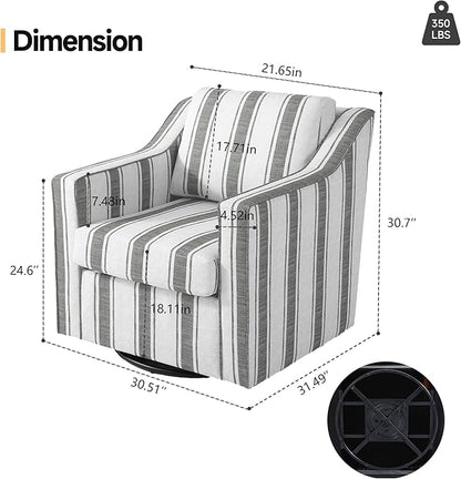 Pia Ricco Set of 2 Oversized Modern Striped Fabric Swivel Accent Chairs with Removable Covers, Living Room Reception Set