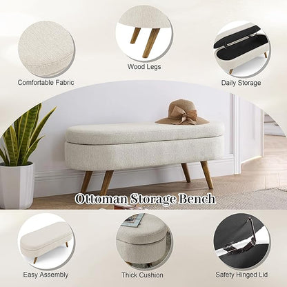 Storage Ottoman Bench 43" Ottoman Bench for Bedroom, Upholstered Boucle Fabric Footrest End of Bed with Safety Hinge Solid Wood Legs Foot Stool Storages Benches for Living Room Entryway, Beige