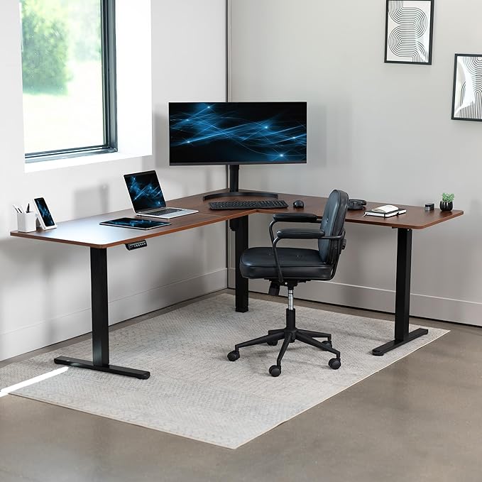 VIVO Corner Standing Desk, 75 x 63 inch Reversible L-Shaped Workstation, Electric Height Adjustment, Home, Office, and Reception Rooms, Dark Walnut Table Top Black Frame, DESK-E3CTD-75