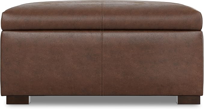 SIMPLIHOME Gabbie 36 inch Wide Contemporary Square Square Coffee Table Storage Ottoman in Distressed Chestnut Brown Vegan Faux Leather, Assembled, for The Living Room, Entryway and Family Room