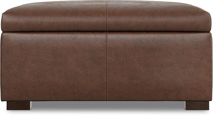 SIMPLIHOME Gabbie 36 inch Wide Contemporary Square Square Coffee Table Storage Ottoman in Distressed Chestnut Brown Vegan Faux Leather, Assembled, for The Living Room, Entryway and Family Room