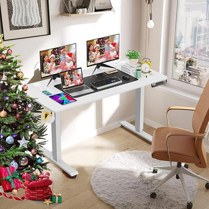farexon Electric Standing Desk Adjustable Height, 63 x 24In with Outlets and USB Ports, Stand up Desk with 39x18in Mouse Pad, Dual Beam Structure, 4 Wheels,4 Memory Heights Easy to Set(White)