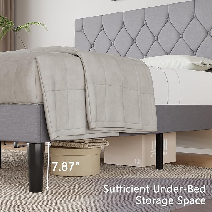VECELO Queen Size Bed Frame with Button Tufted Headboard, Upholstered Platform Bedframe with Wood Slat Support, No Box Spring Needed, Linen Grey