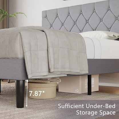 VECELO Queen Size Bed Frame with Button Tufted Headboard, Upholstered Platform Bedframe with Wood Slat Support, No Box Spring Needed, Linen Grey