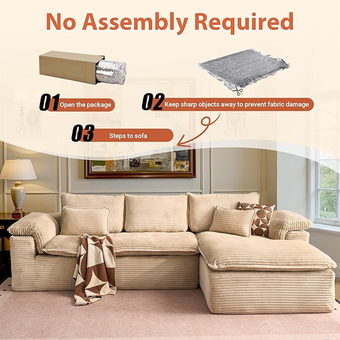 113 in Oversized Cloud Sofa with L Shape Chaise, Sectional Couches for Living Room, Assembly Free Modular Comfy Corduroy Sofa with Right Facing Chaise Longue for Home Apartment (Right Chaise, Beige)