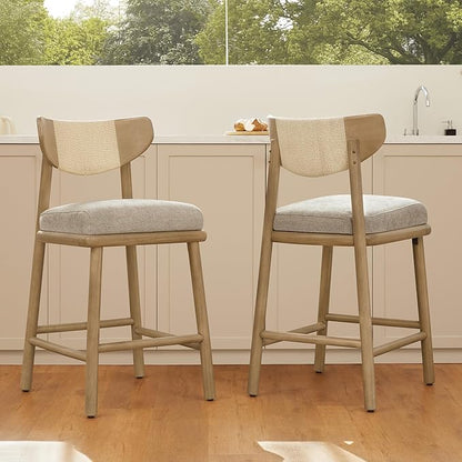 Watson & Whitely Boho Counter Height Bar Stools Set of 2, 27” Modern Upholstered Bar Stools with Natural Woven Rope Back and Solid Wood Frame for Kitchen Island, Home Bar, Fabric in Khaki