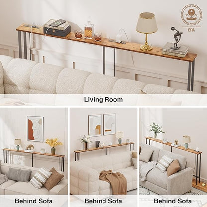 70" Narrow Console Sofa Table - 2 Power Outlets & 4 USB Ports, Metal Frame, Rustic Brown, Perfect for Hallway, Office, and Behind Sofa - Easy Assembly, 4.9' Extension Cord Included