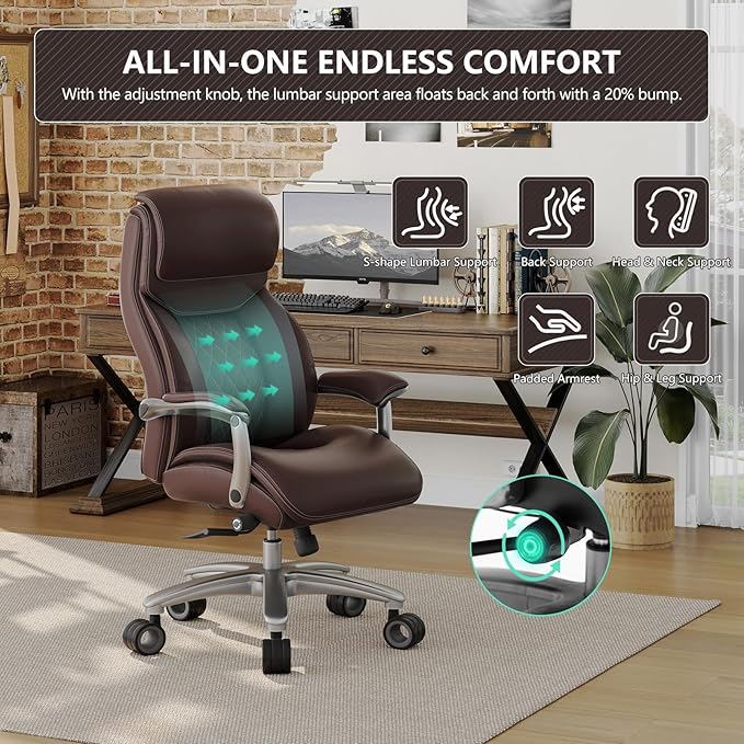 Big and Tall Office Chair with Wide Area Armrest, 600lbs Heavy Duty Desk Chair with Adjustable Lumbar Support, PU Leather High Back Ergonomic Executive Computer Chair with 3'' Silent Casters