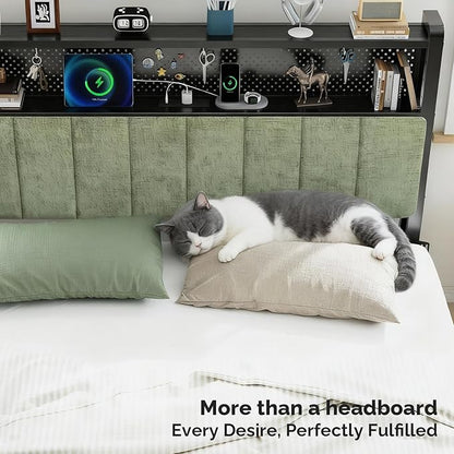 VINGLI Full Size Headboard Only, Adjustable Upholstered Headboard with 2 Tier Shelves and Pegboard with Charging Stations and LED Lights, Modern Bed Headboard with Storage for Bedroom Decor