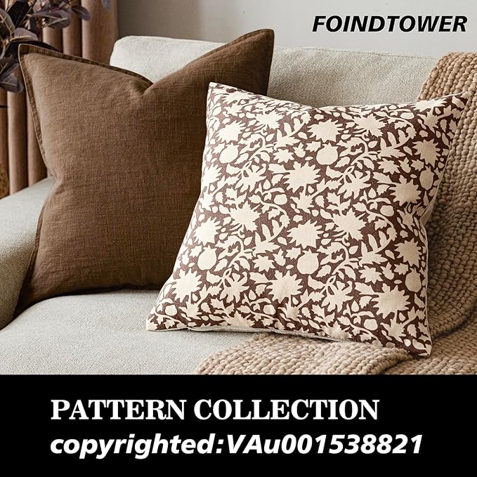 Foindtower Set of 2 Decorative Neutral Floral Throw Pillow Covers Accent Farmhouse Cushion Covers Boho Vintage Pillowcase for Couch Sofa Bedroom Living Room Home Decor,18×18 Inch,Brown