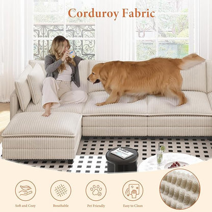 Vesgantti 143" U Shaped Sectional Modular Couch, Comfy Corduroy Upholstered Modular Cloud Sofas for Living Room, Modern Sectional Sofa with 2 Ottoman Deep Seat, Beige