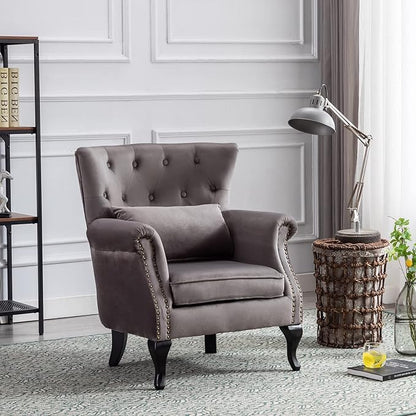 Accent Reading Arm Chairs for Living Room Bedroom, Midcentury Modern Comfy Corner Sofa Chair, Wingback Waiting Room Club Chair with Button Tufted Back &Lumbar Pillow, Velvet Grey
