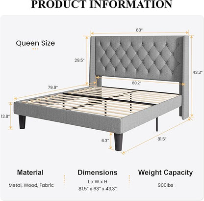 SHA CERLIN Queen Size Upholstered Platform Bed Frame with Wingback Headboard, Tufted Linen Fabric, Wooden Slats Support, Easy Assembly, No Box Spring Needed, Light Grey