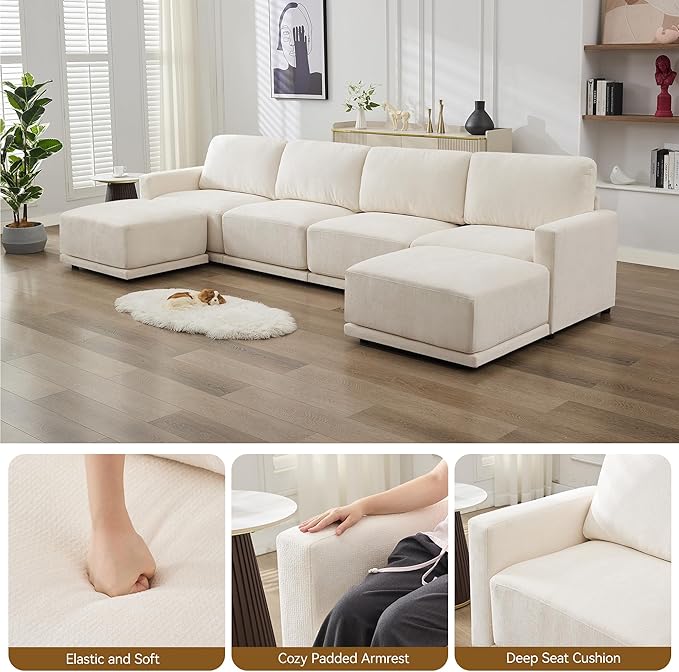 110.6" L-Shaped Modular Sectional Sofa Modern Chenille Comfy Couch with Thickened Seat Cushions, Easy Assembly, Upholstered 4 Seater Couch with Movable Ottoman for Living Room, White